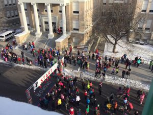 YMCA Christmas run shown from a rooftop.